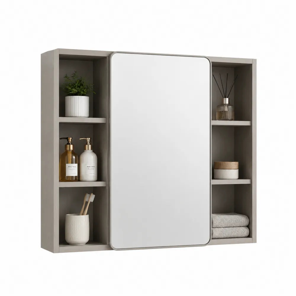 Spiegelschrank Badezimmerschrank 100x15x70 cm MDF Glas Rechteckig Grau mit offenen Ablagefächern