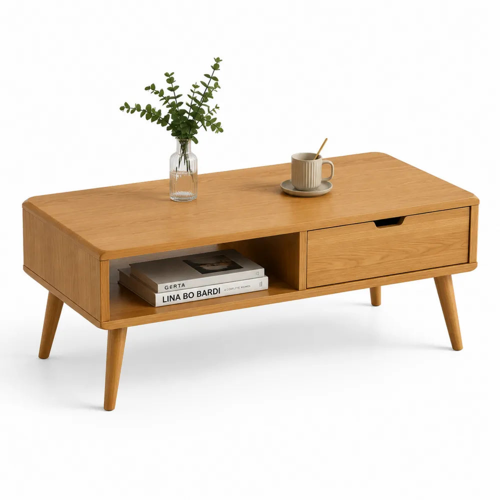 Couchtisch mit Schublade 120x60x45 cm MDF Holzbeine Rechteckig Eiche Natur