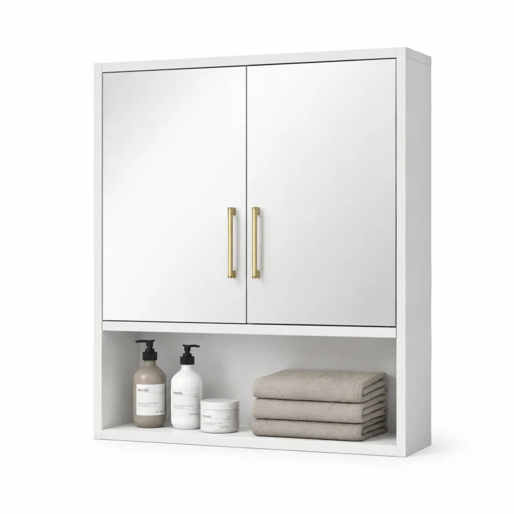 Spiegelschrank Badezimmerschrank 80x18x70 cm MDF Spiegelglas Rechteckig Weiß Gold