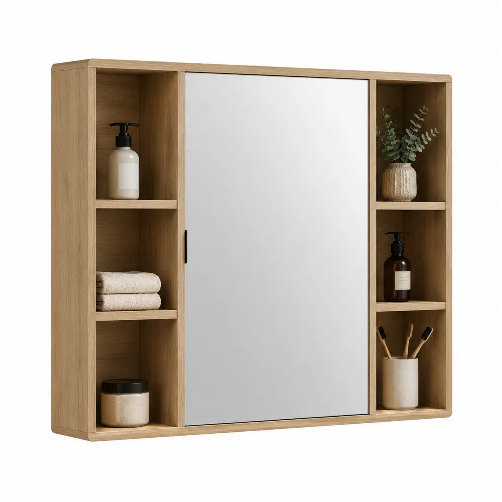 Spiegelschrank MDF Rechteckig Natur mit Spiegel und offenen Ablagefächern 100 x 15 x 70 cm
