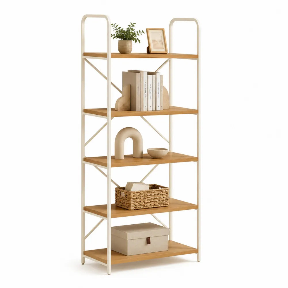 Bücherregal Standregal 80x30x180 cm Metall MDF Rechteckig Weiß Natur mit 5 Ablagen