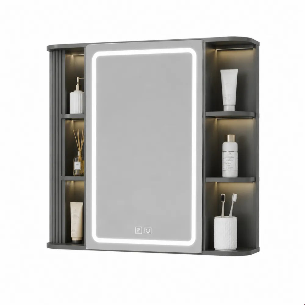 Spiegelschrank Badezimmer 90 x 15 x 70 cm MDF Rechteckig Schwarz mit LED Beleuchtung und Ablagefächern