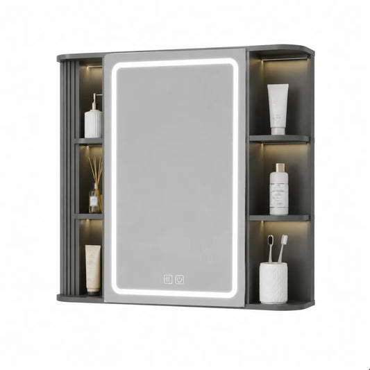 Spiegelschrank Badezimmer 90 x 15 x 70 cm MDF Rechteckig Schwarz mit LED Beleuchtung und Ablagefächern
