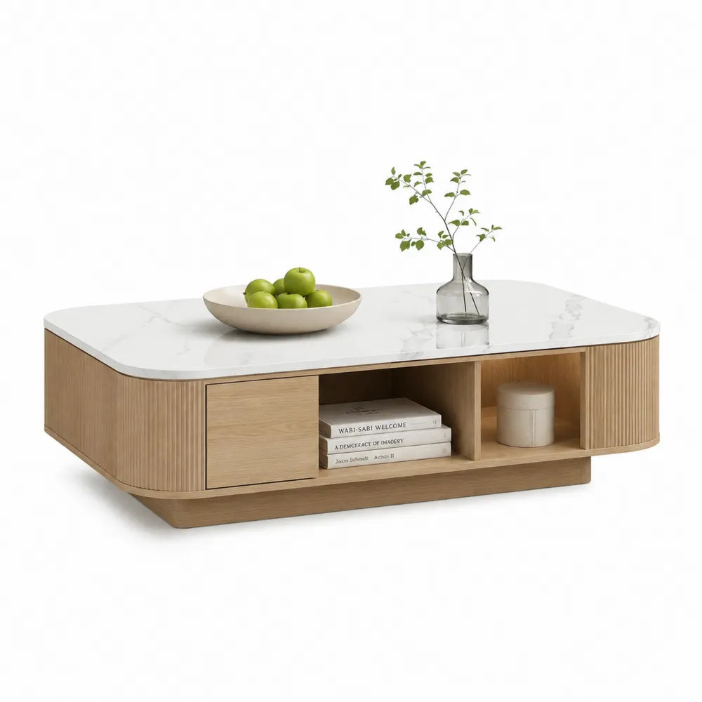 Couchtisch mit Ablagefächern Schranktür 120x60x40 cm MDF Keramikoberfläche Rechteckig Eiche Natur Weiß