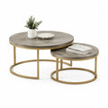 Couchtisch Set 2 teilig Rund MDF Tischplatten Stahlgestell Grau Gold 90 x 90 x 45 cm