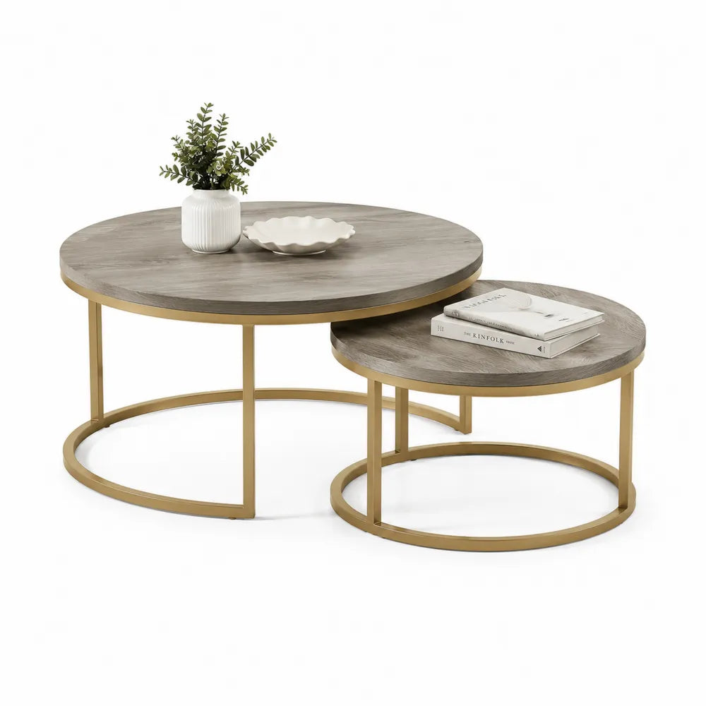Couchtisch Set 2 teilig Rund MDF Tischplatten Stahlgestell Grau Gold 90 x 90 x 45 cm