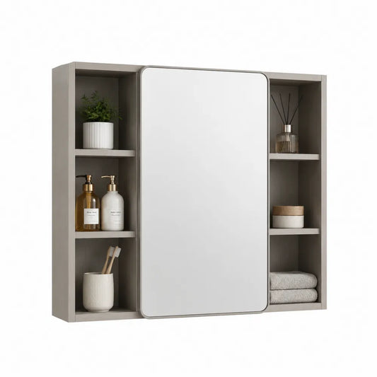 Spiegelschrank Badezimmerschrank 100x15x70 cm MDF Glas Rechteckig Grau mit offenen Ablagefächern