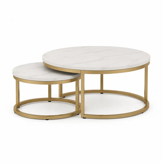 Couchtisch Set 2 teilig rund MDF Platte Stahlgestell Marmoroptik Weiß Gold 90 x 90 x 45 cm